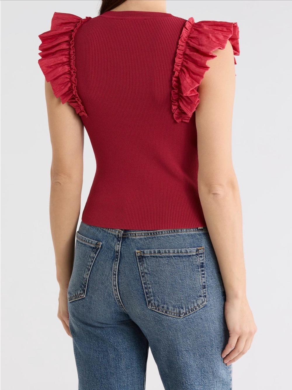 T Tahari Raspberry Ruffled Shoulder Ribbed Tank - Picture 2 of 3